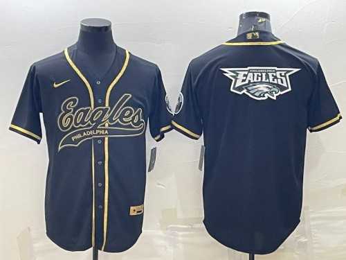Mens Philadelphia Eagles Black Gold Team Big Logo With Patch Cool Base Stitched Baseball Jersey